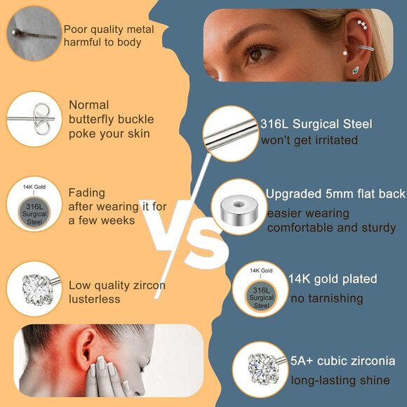 14K Gold Flat Back Dainty Earrings Set with Cubic Zirconia for Sensitive Ears, M - Picture 5 of 6